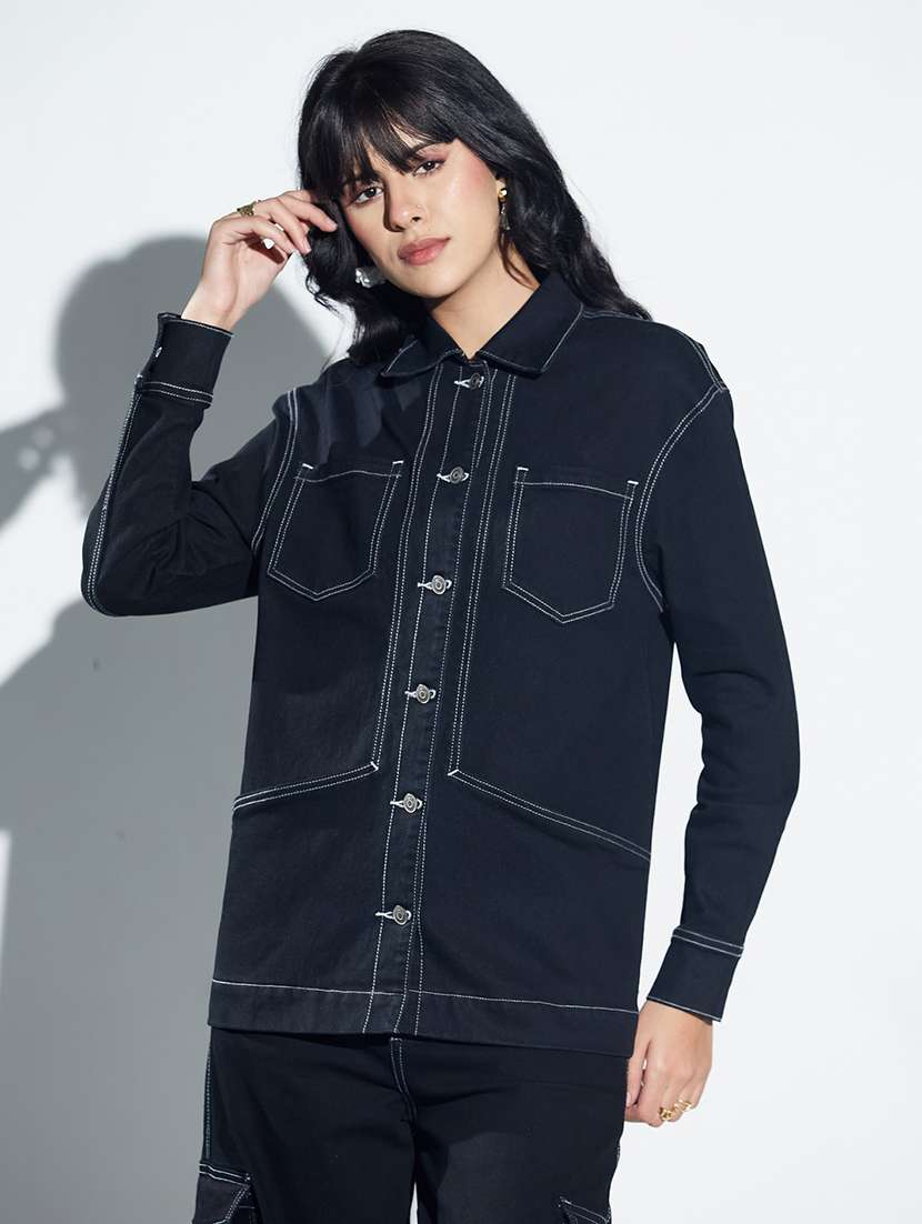women solid long sleeves denim jacket - 22577165 -  Standard Image - 2