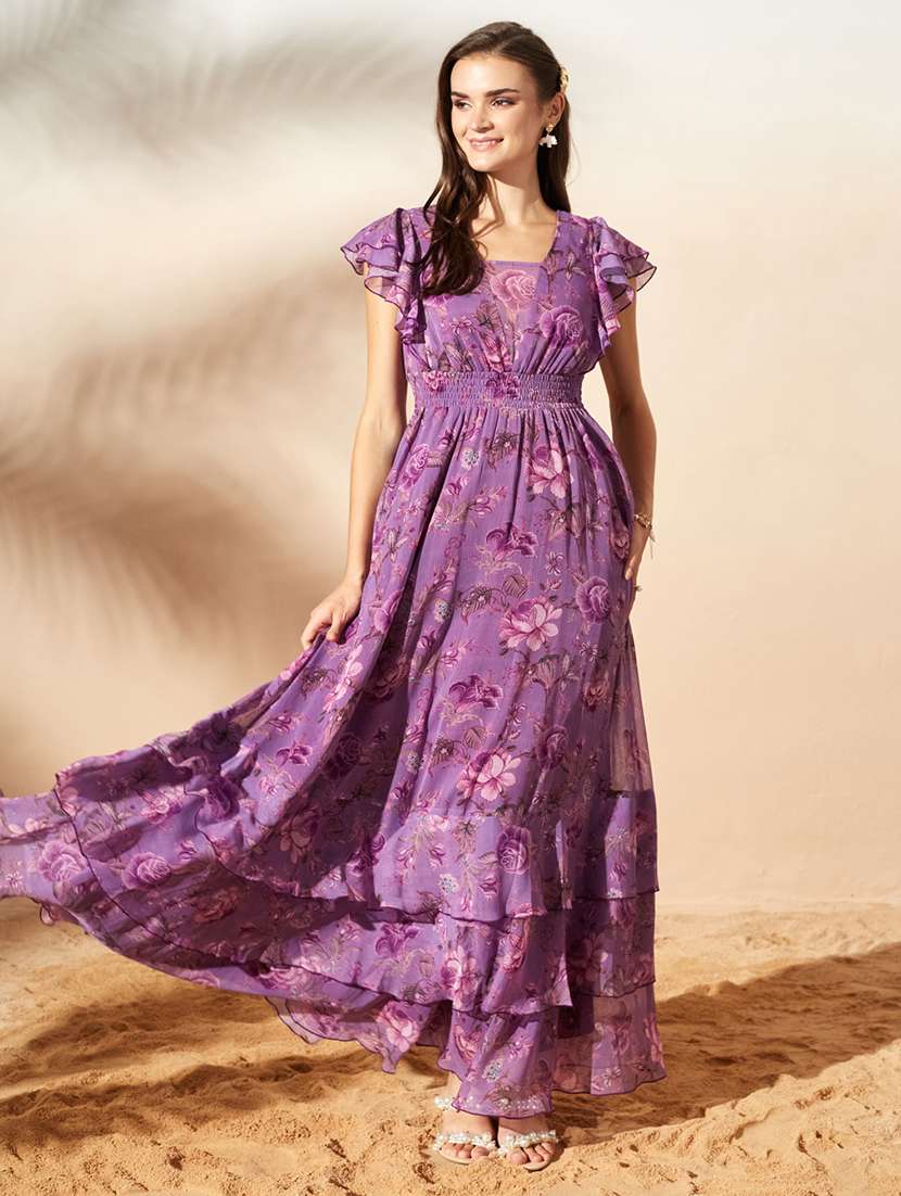 women printed flared sleeves tiered dress - 22577186 -  Standard Image - 2