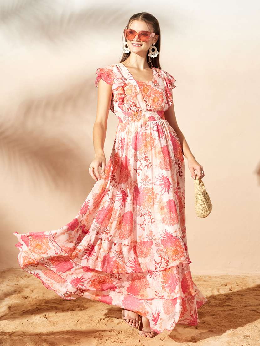 women printed ruffle sleeves tiered dress