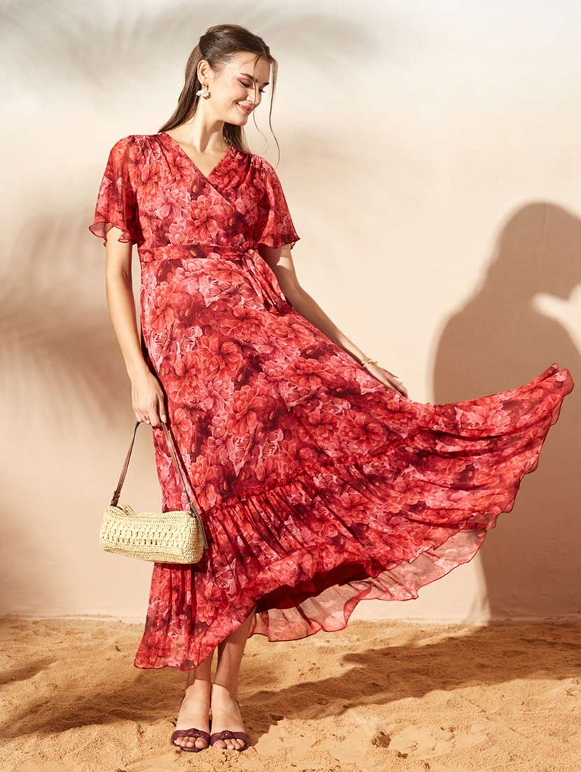women printed flared sleeves tiered dress
