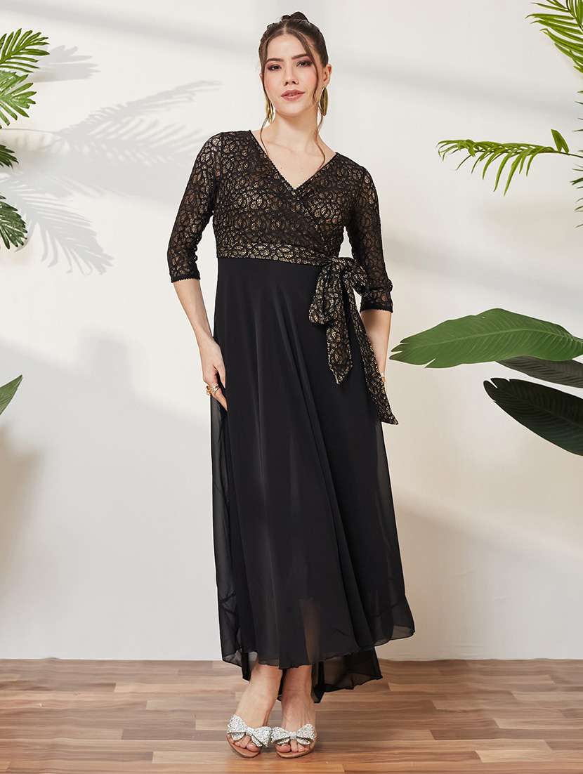 women self design three quarter sleeves high low dress