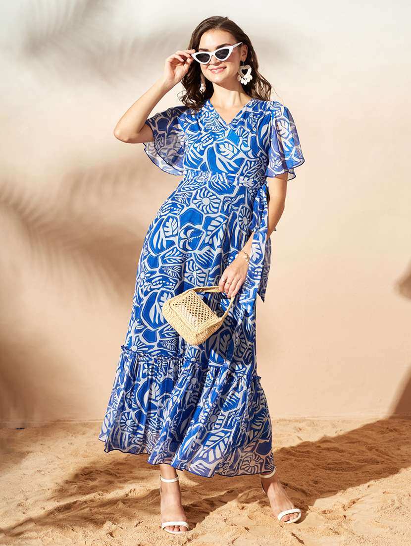 women printed flared sleeves tiered dress