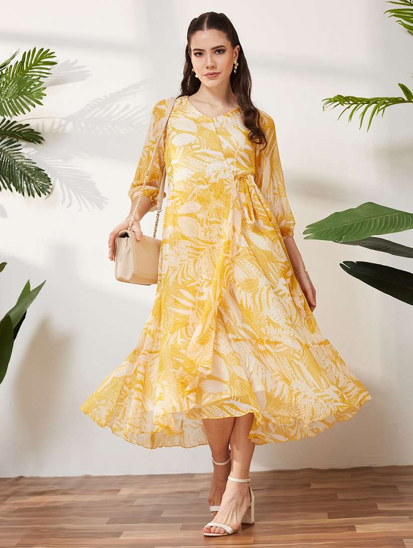 women printed three quarter sleeves fit and flare dress