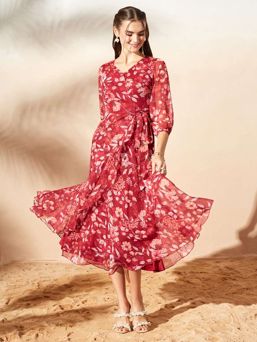 Women Printed Three Quarter Sleeves Wrap Dress - 22577227 -  Standard Image - 2