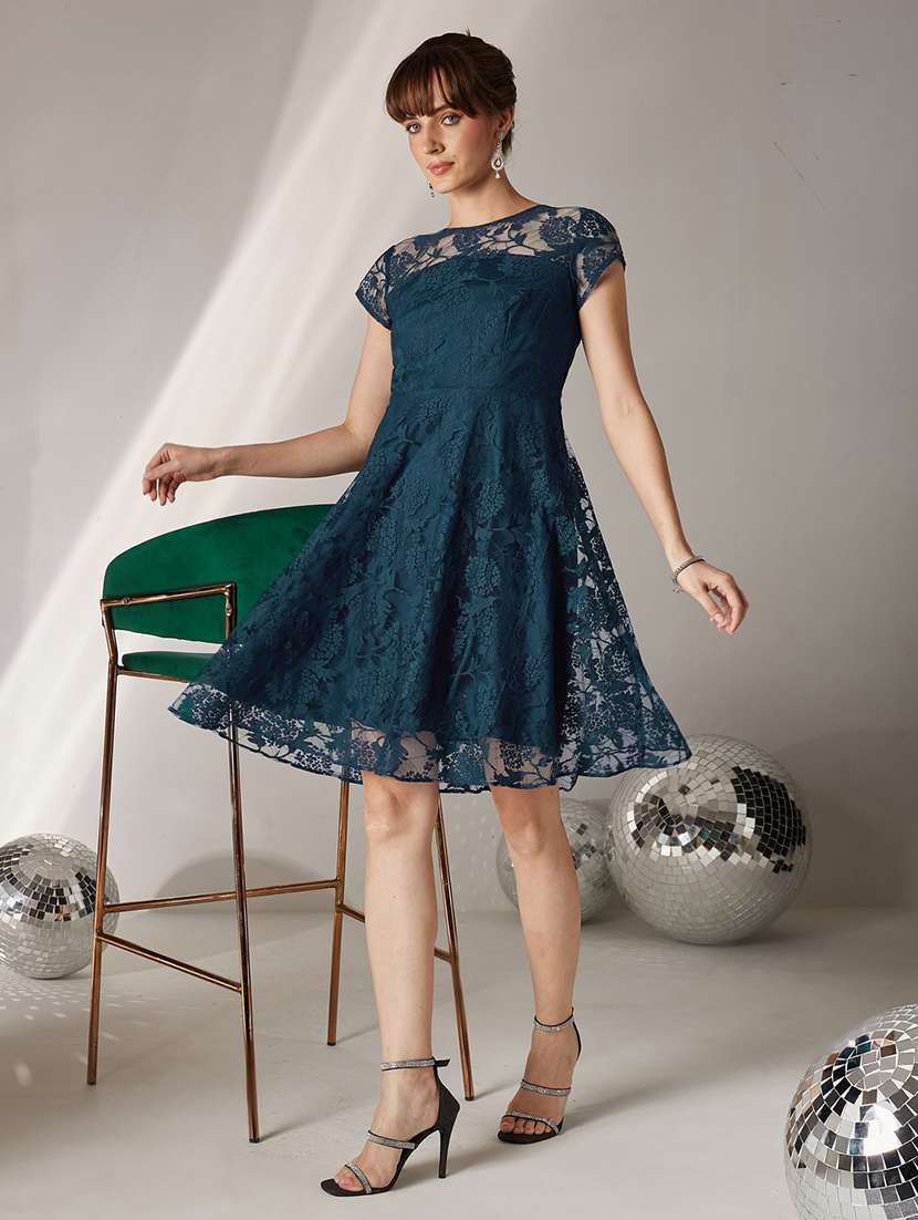 women self design short sleeves fit and flare dress