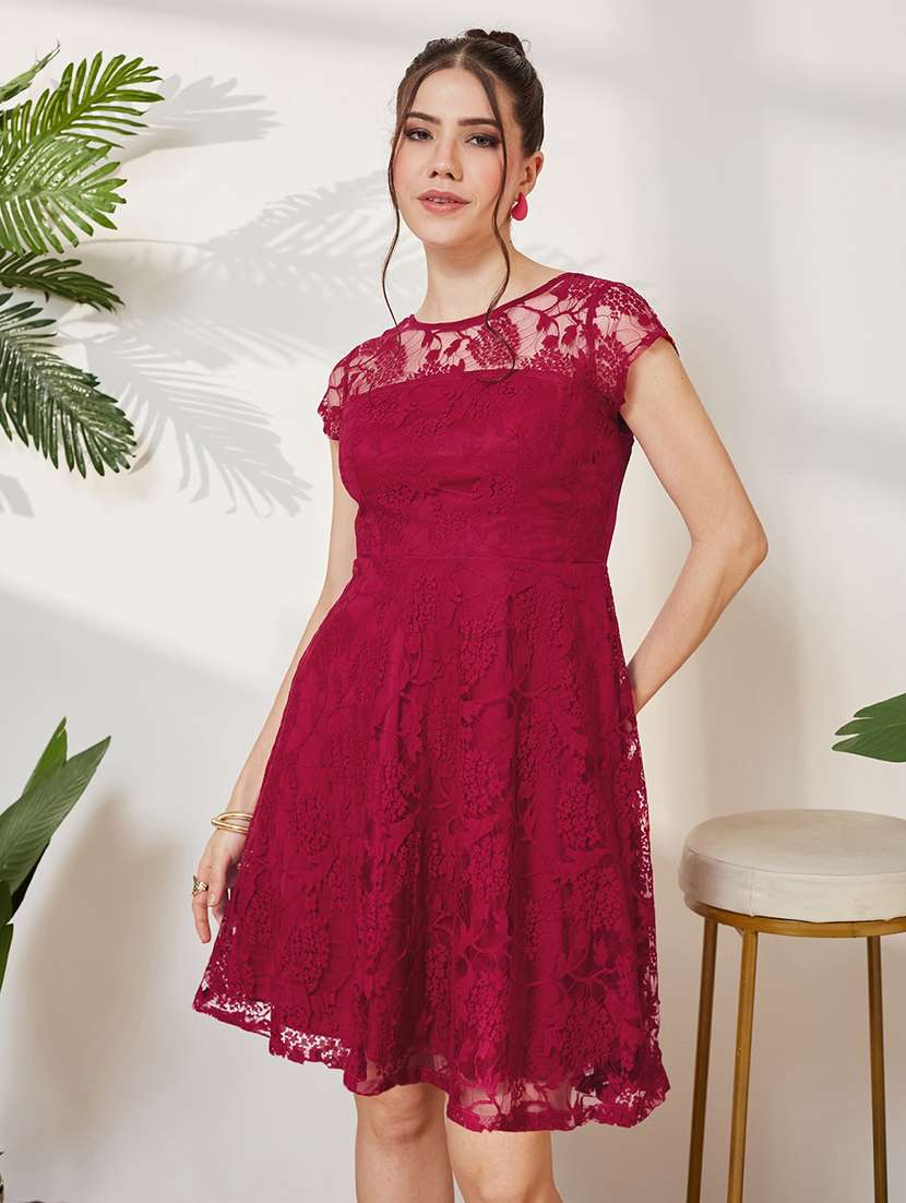 women self design short sleeves fit and flare dress