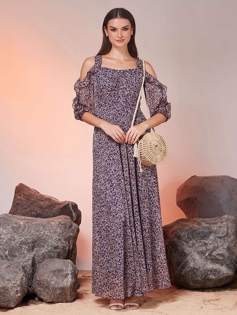 women printed cold shoulder fit and flare dress