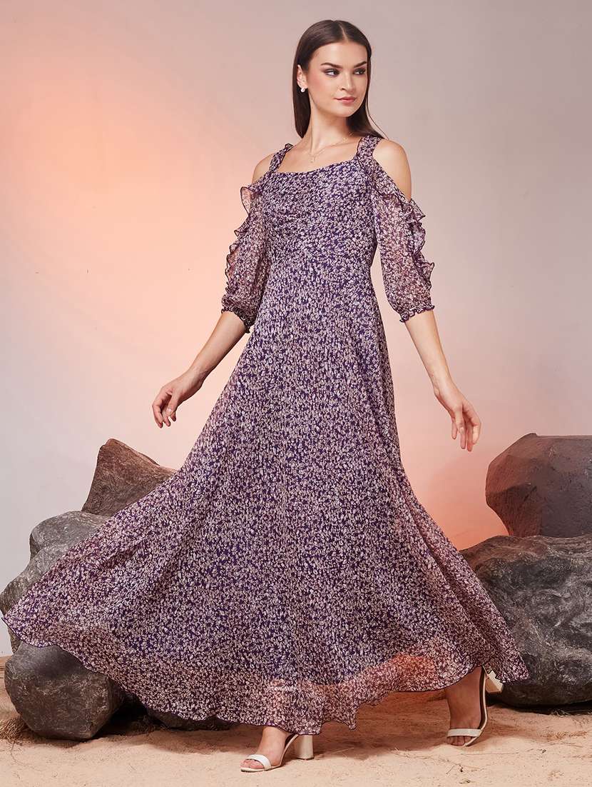 women printed cold shoulder fit and flare dress - 22577249 -  Standard Image - 2