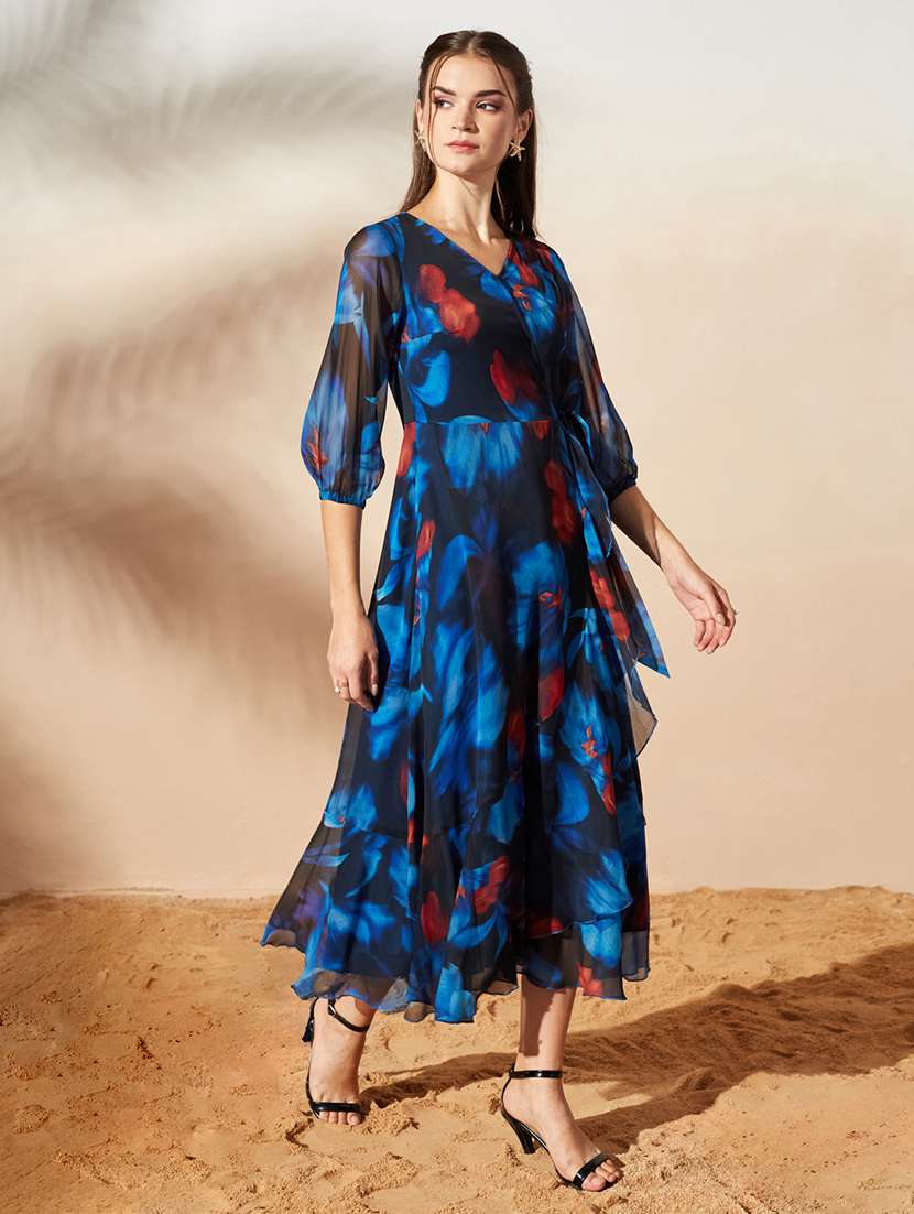 Women Printed Three Quarter Sleeves Wrap Dress - 22577255 -  Standard Image - 2