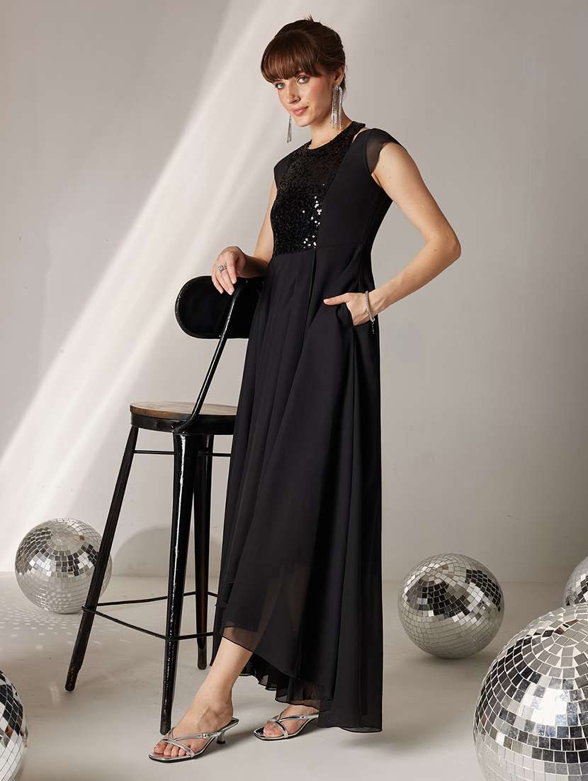 women sequined cap sleeves fit and flare dress