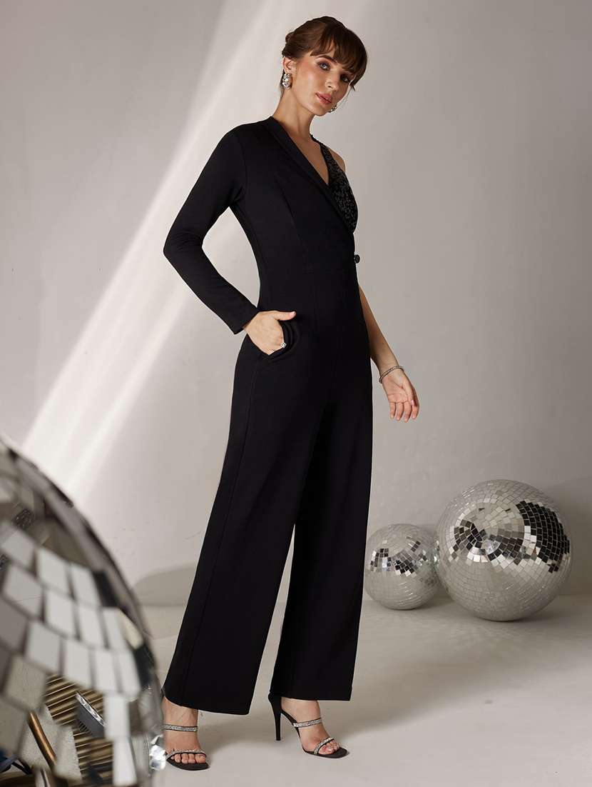 Women Sequined Overlap Neck Full Leg Jumpsuit - 22577303 -  Standard Image - 2
