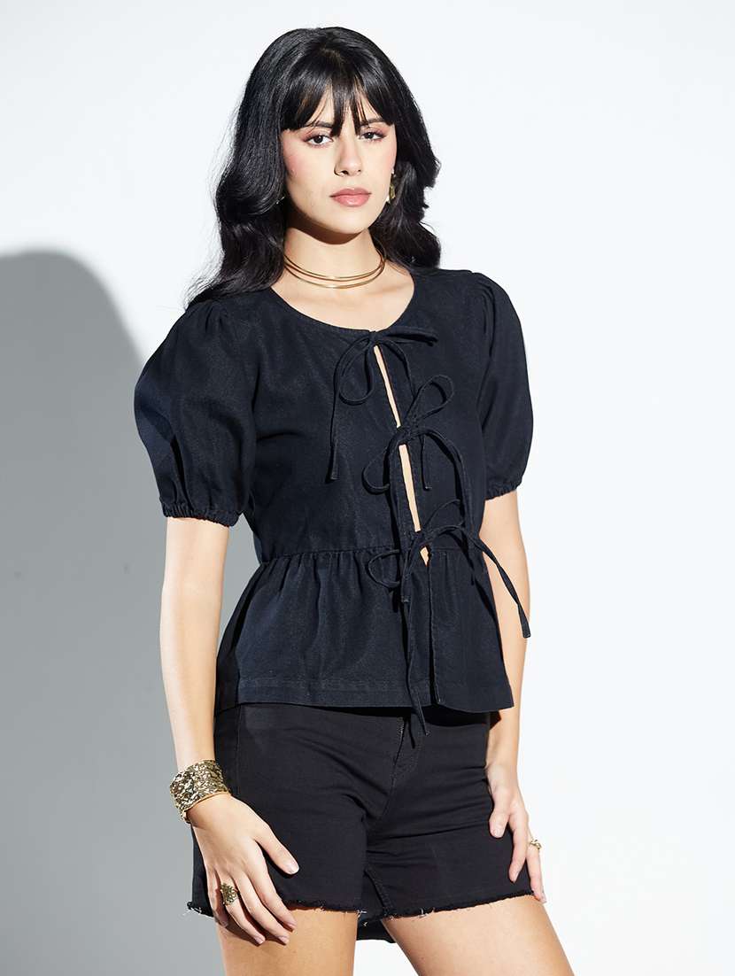 women solid puff sleeves peplum top - 22577320 -  Standard Image - 2