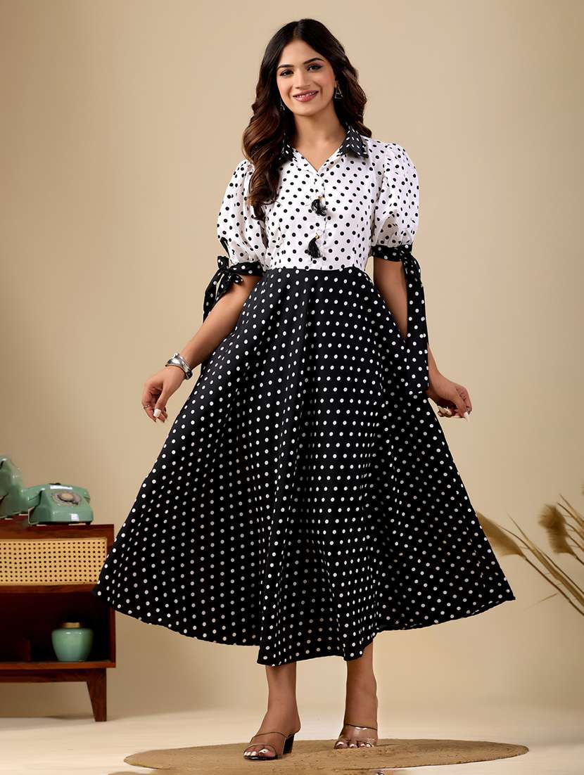 women polka dot printed puff sleeve fit & flare dress