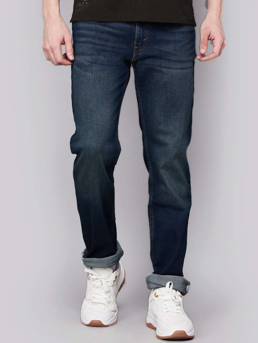 men washed mid rise straight jeans