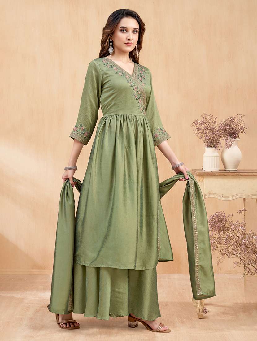 women embroidered three quarter sleeves kurta palazzo set with dupatta - 22577422 -  Standard Image - 2