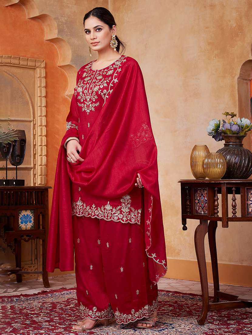 women embroidered three quarter sleeves kurta palazzo set with dupatta - 22577448 -  Standard Image - 2