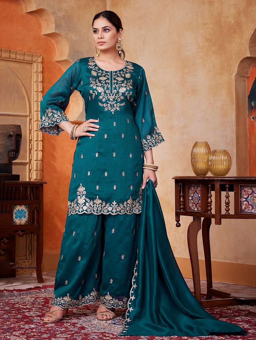 women embroidered three quarter sleeves kurta palazzo set with dupatta