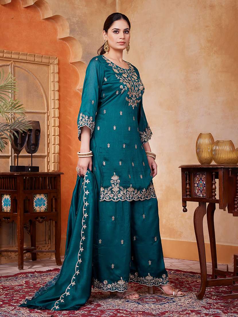 women embroidered three quarter sleeves kurta palazzo set with dupatta - 22577449 -  Standard Image - 2