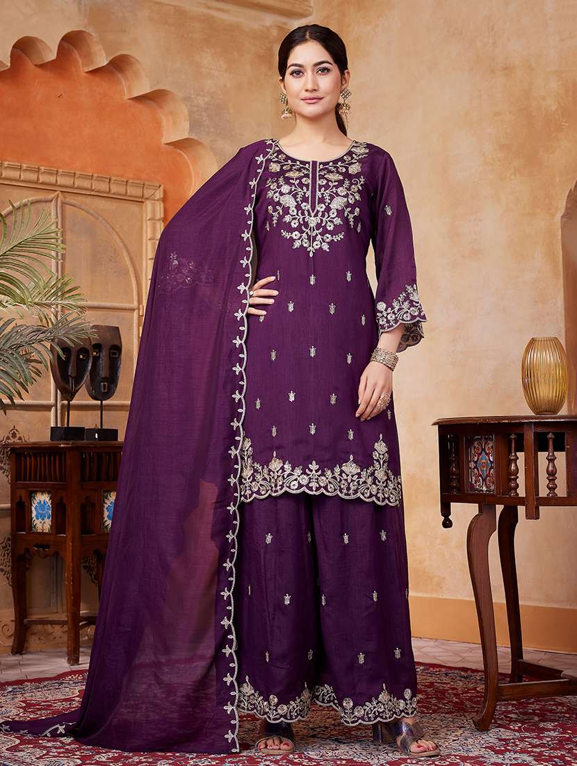 women embroidered three quarter sleeves kurta palazzo set with dupatta