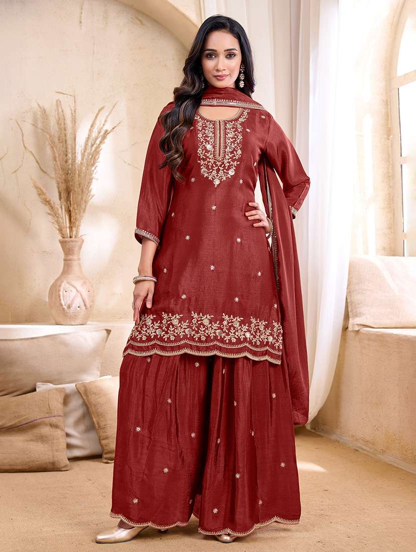 women embroidered three quarter sleeves kurta palazzo set with dupatta
