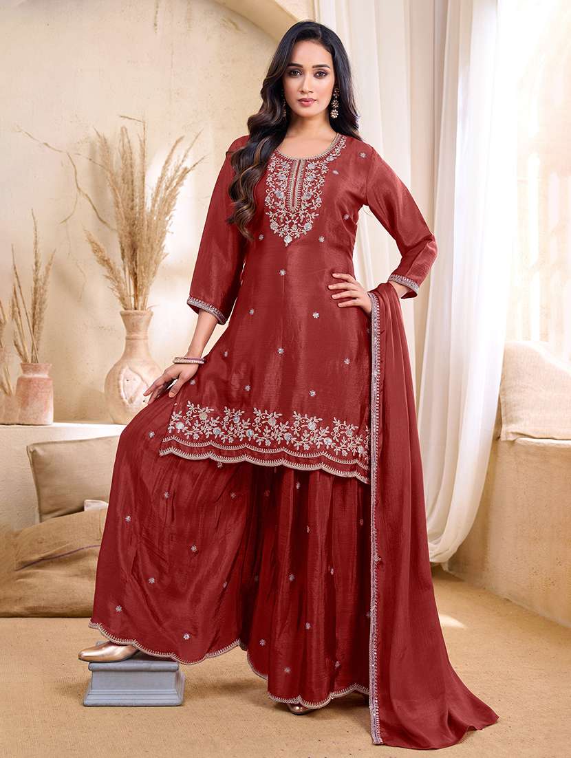 women embroidered three quarter sleeves kurta palazzo set with dupatta - 22577454 -  Standard Image - 2