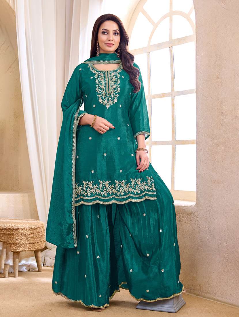 women embroidered three quarter sleeves kurta palazzo set with dupatta - 22577455 -  Standard Image - 2