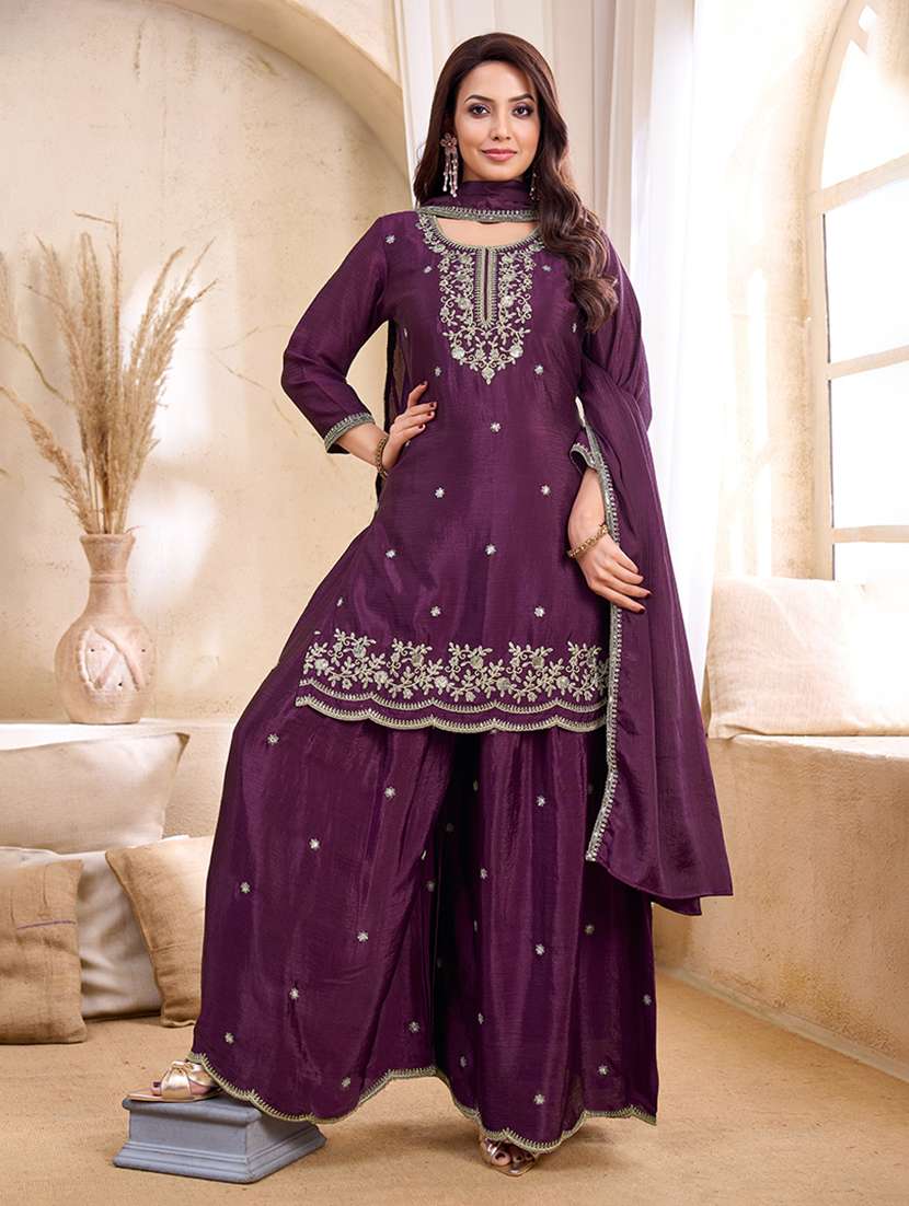 women embroidered three quarter sleeves kurta palazzo set with dupatta - 22577456 -  Standard Image - 2