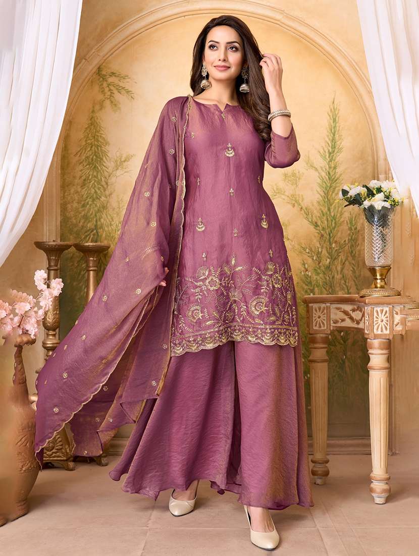 women embroidered three quarter sleeves kurta palazzo set with dupatta