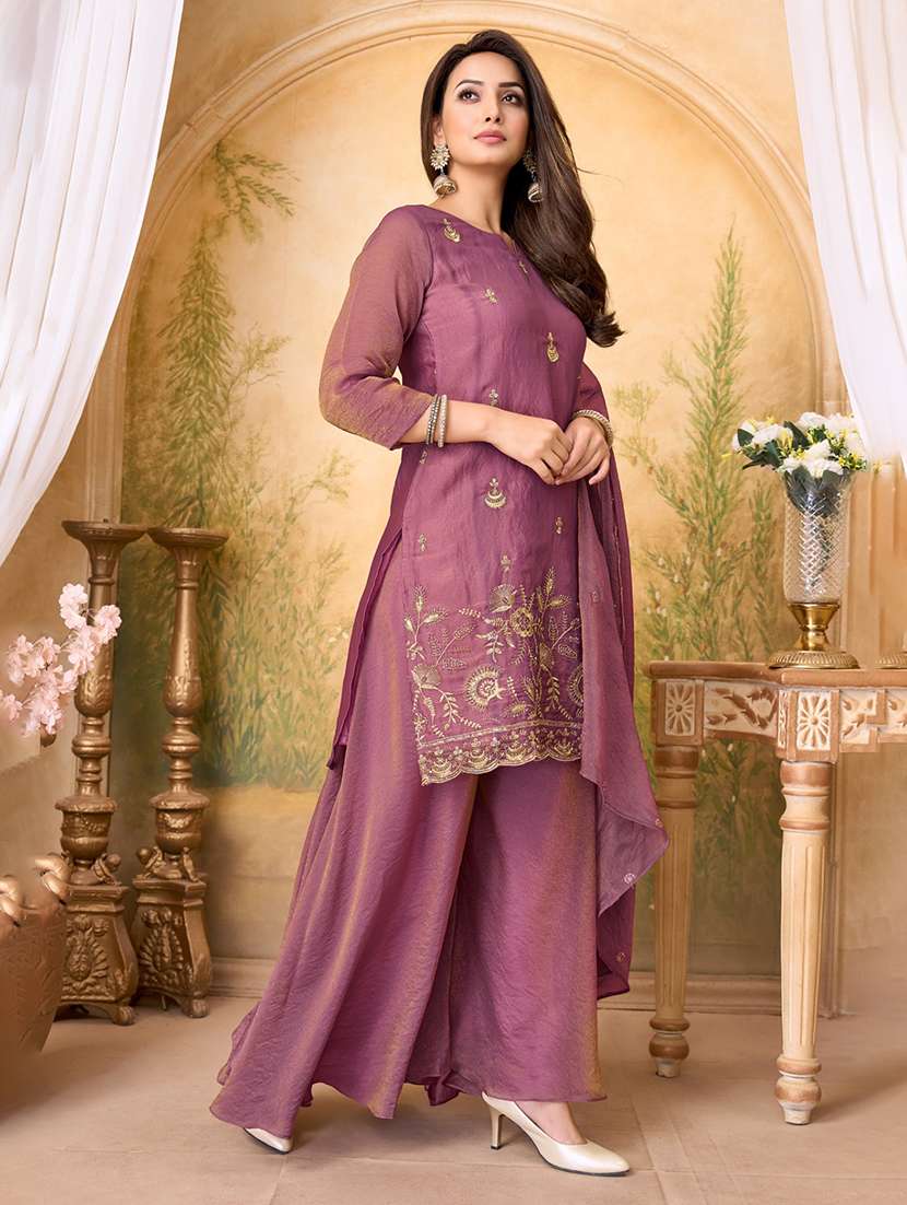 women embroidered three quarter sleeves kurta palazzo set with dupatta - 22577458 -  Standard Image - 2