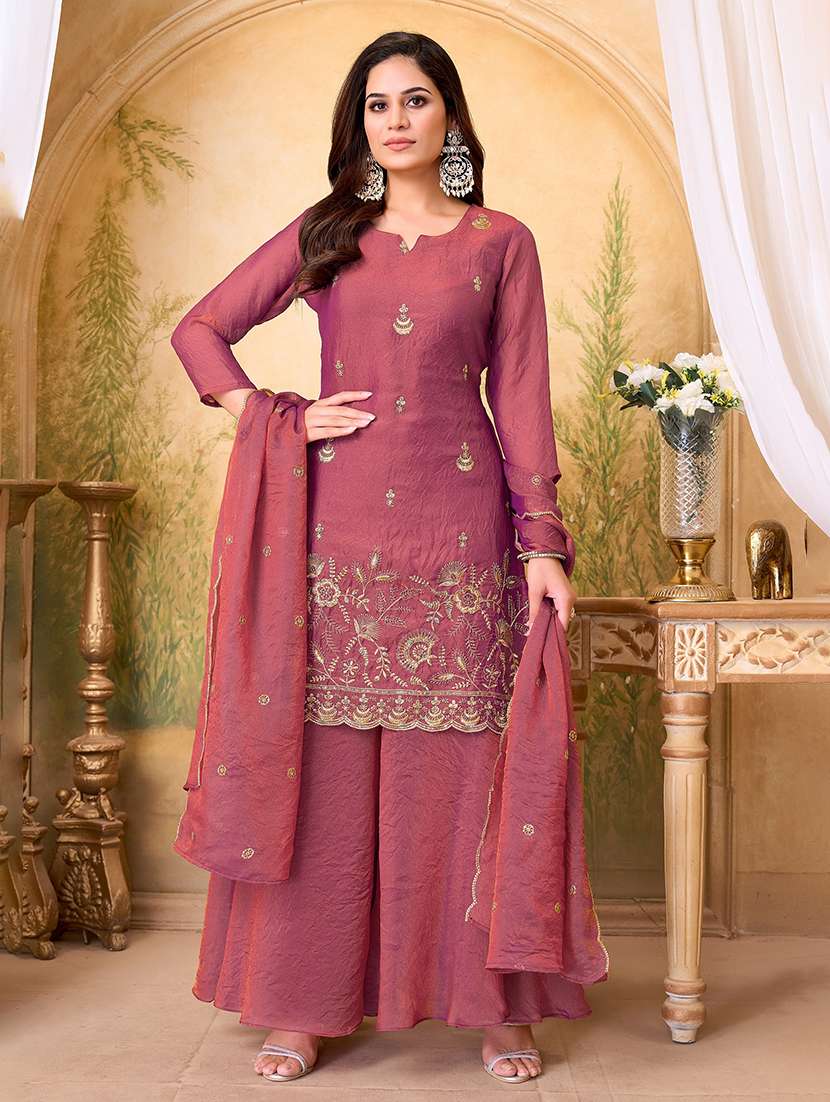 women embroidered three quarter sleeves kurta palazzo set with dupatta
