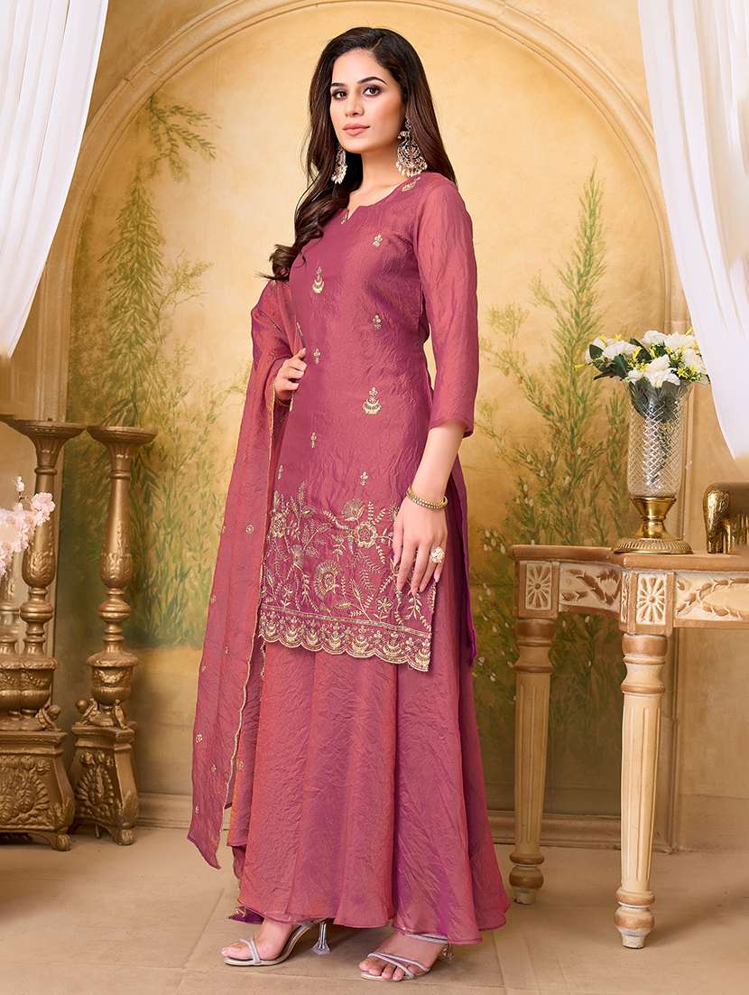 women embroidered three quarter sleeves kurta palazzo set with dupatta - 22577459 -  Standard Image - 2