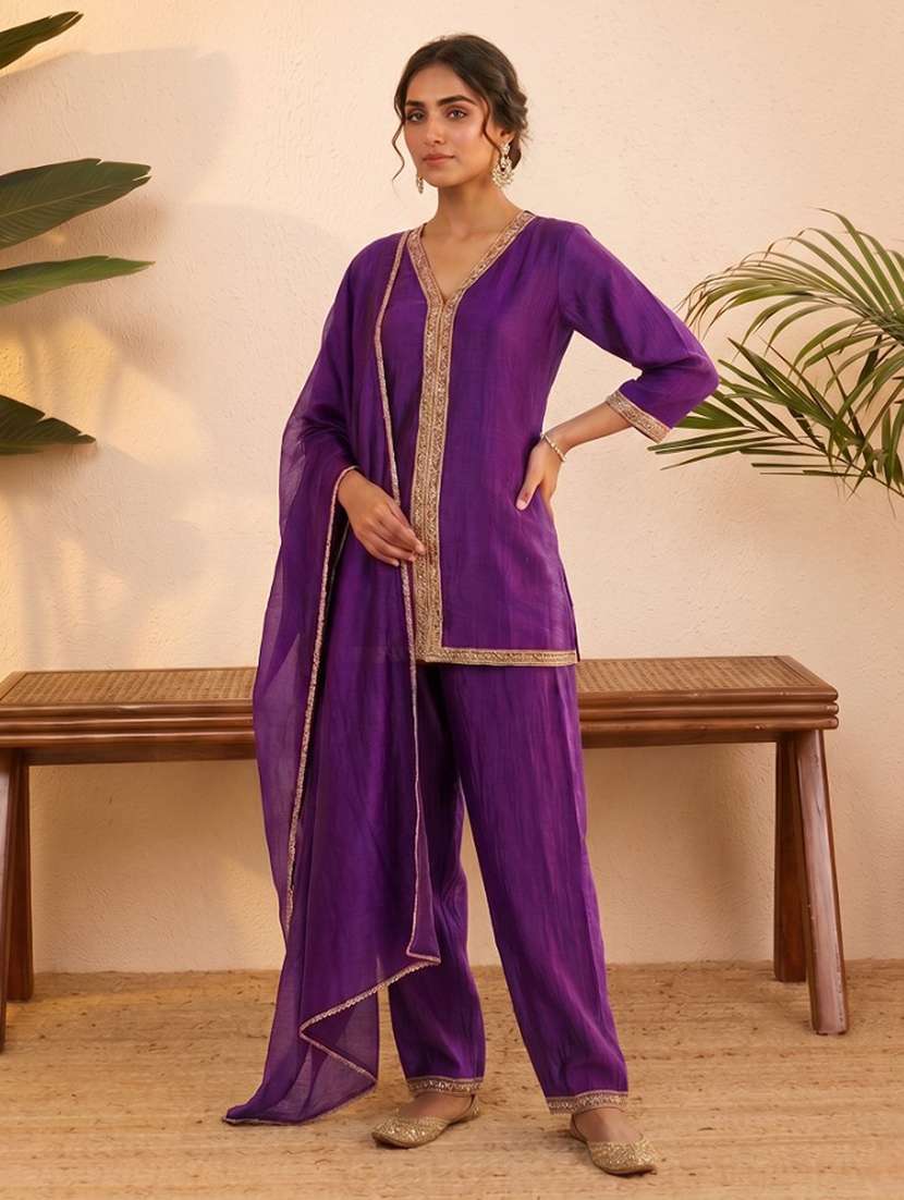 women embroidered three quarter sleeves kurta pant set with dupatta - 22577465 -  Standard Image - 2