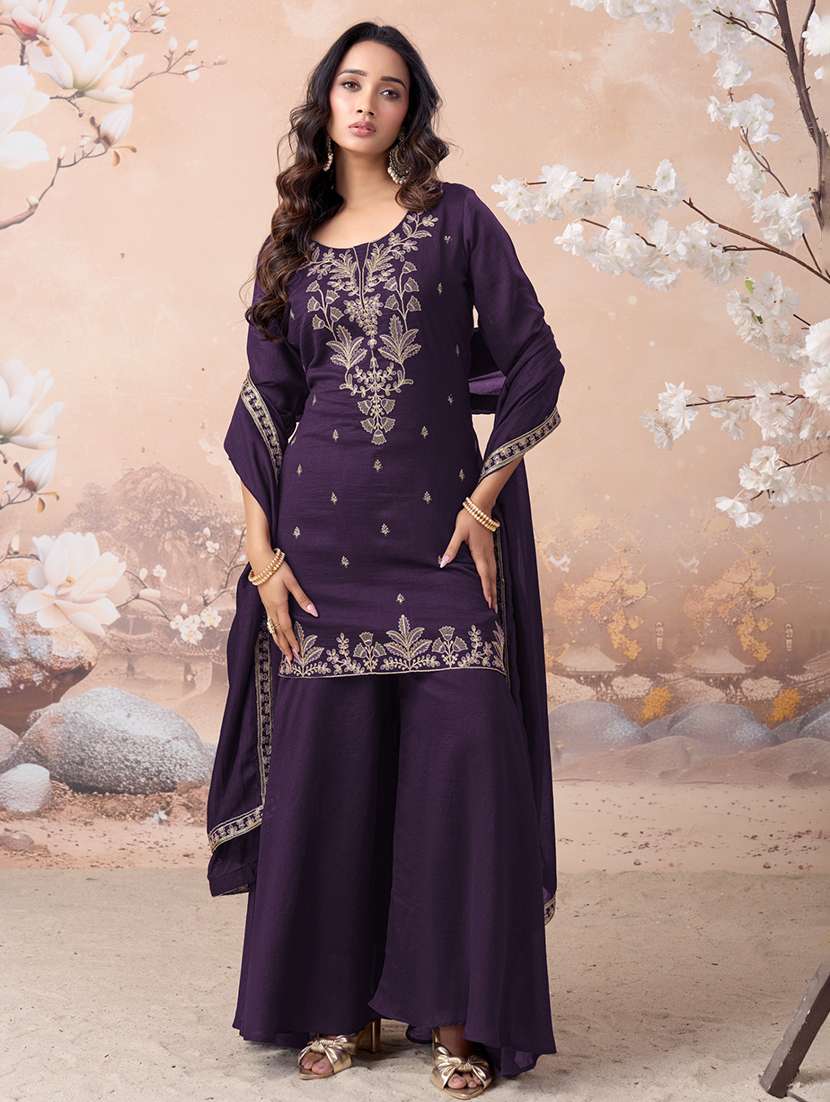 women embroidered three quarter sleeves kurta palazzo set with dupatta - 22577470 -  Standard Image - 2