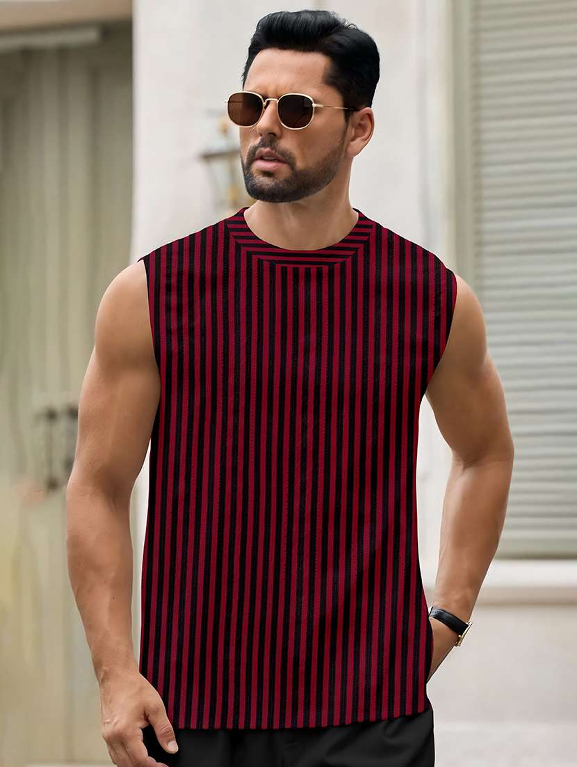 men striped sleeveless regular fit t-shirt
