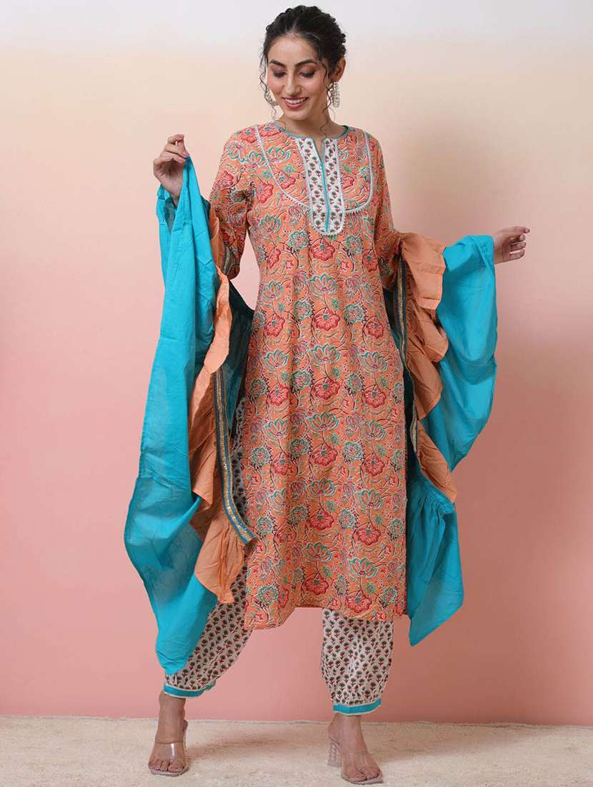 women printed three quarter sleeves kurta salwar set with dupatta - 22578413 -  Standard Image - 2