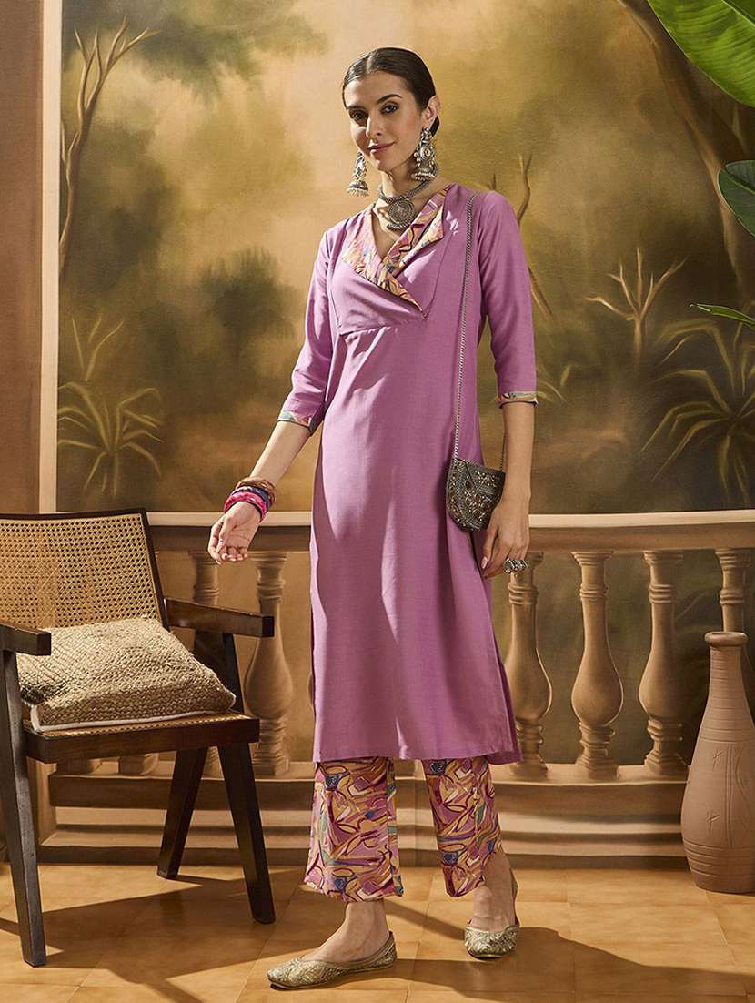 women solid three quarter sleeves kurta pant set - 22578440 -  Standard Image - 2