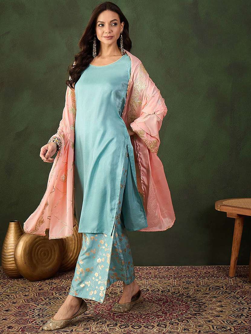 women printed three quarter sleeves kurta pant set with dupatta - 22578449 -  Standard Image - 2