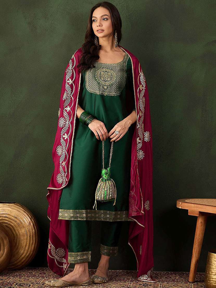 women self design three quarter sleeves kurta pant set with dupatta - 22578450 -  Standard Image - 2
