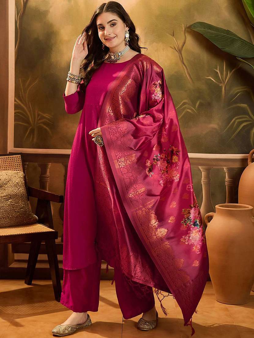 women solid three quarter sleeves kurta pant set with dupatta - 22578460 -  Standard Image - 2