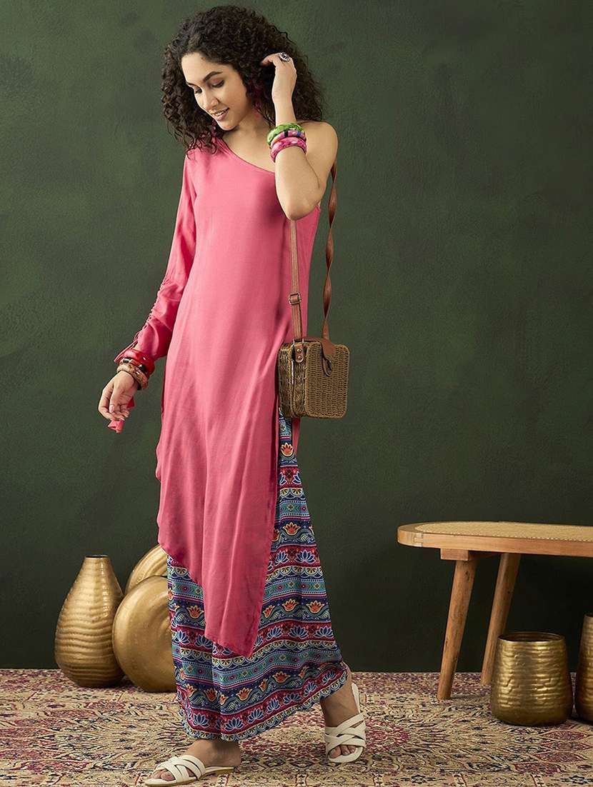women solid one shoulder kurta palazzo fusion set