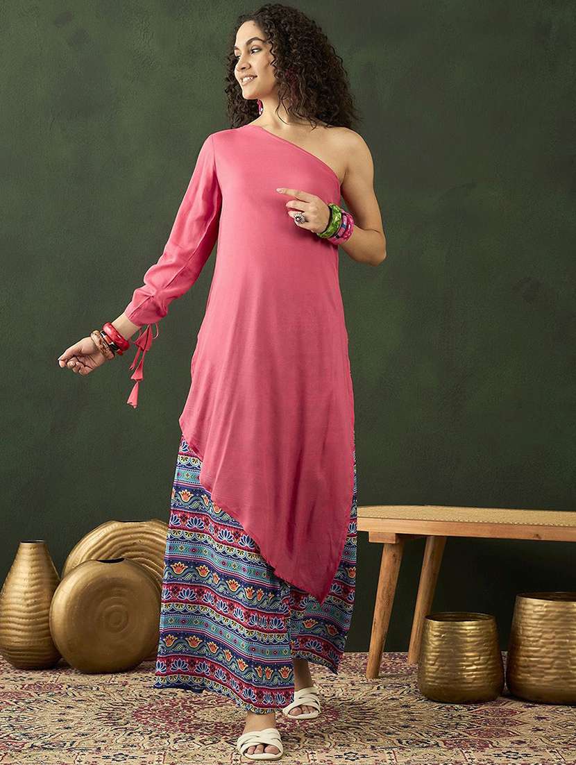 women solid one shoulder kurta palazzo fusion set - 22578480 -  Standard Image - 2