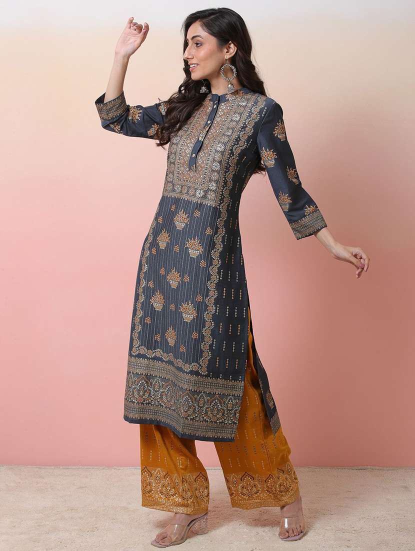 women printed three quarter sleeves kurta pant set - 22578484 -  Standard Image - 2