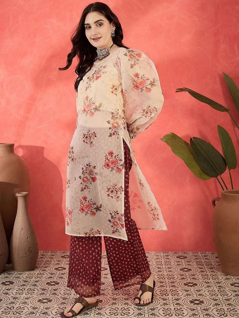 Women Printed Puff Sleeves Kurta Pant Set - 22578488 -  Standard Image - 2