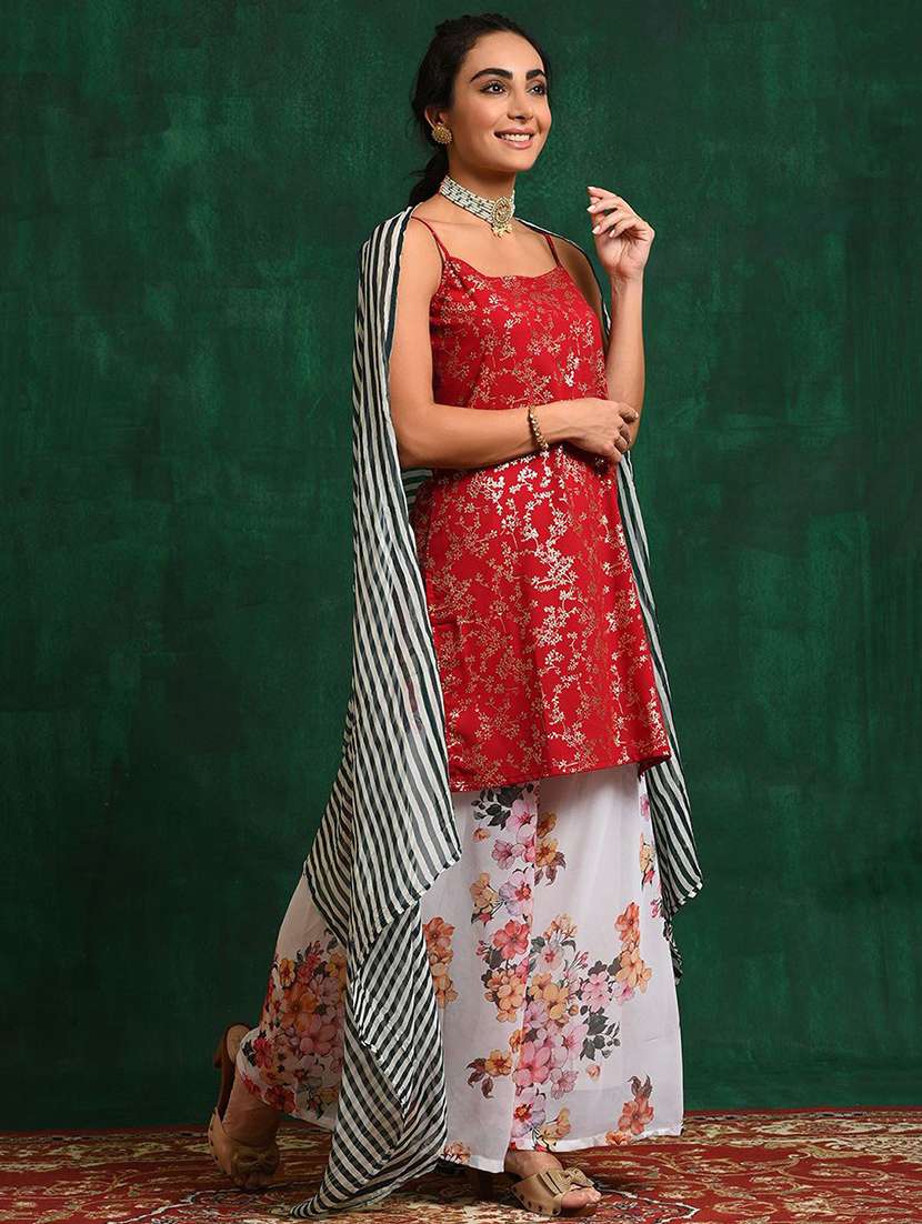 Women Printed Shoulder Strap Kurta And Palazzo Set With Dupatta - 22578493 -  Standard Image - 2