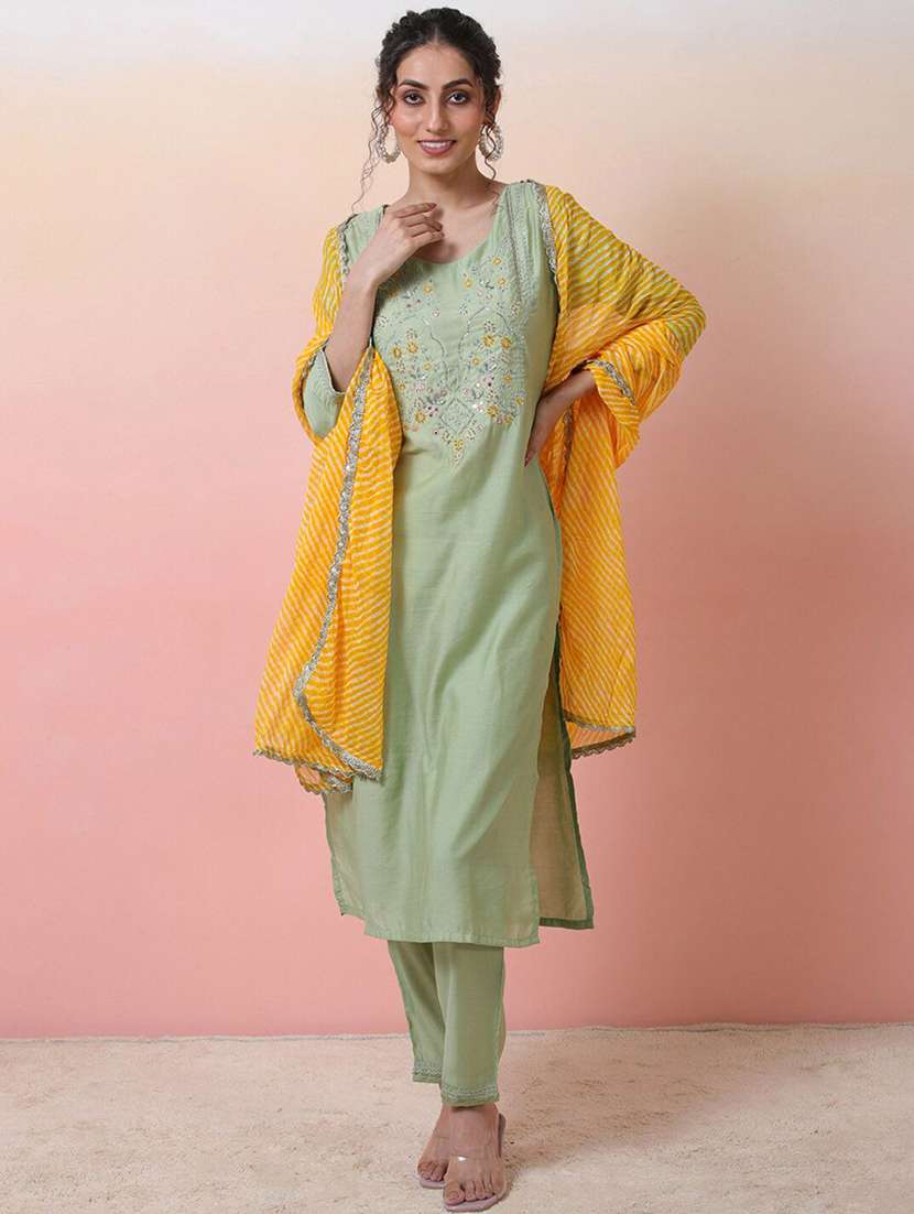 Women Embroidered Three Quarter Sleeves Kurta Pant Set With Dupatta - 22578510 -  Standard Image - 2