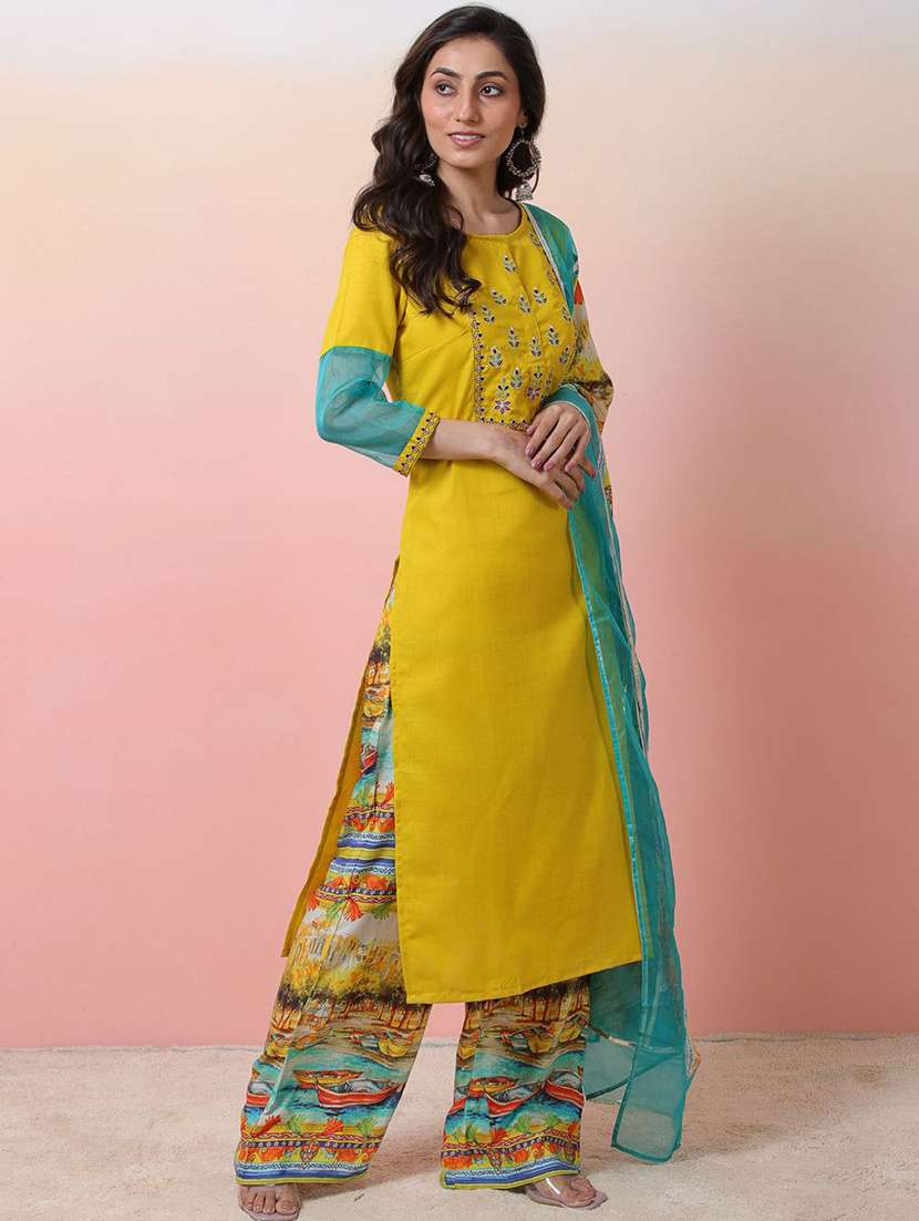 Women Embroidered Three Quarter Sleeves Kurta Palazzo Set With Dupatta - 22578512 -  Standard Image - 2