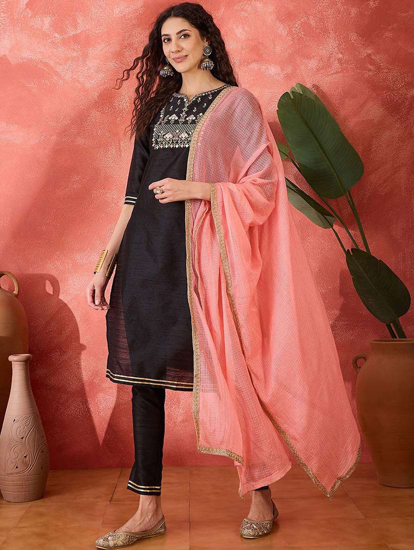 women embroidered three quarter sleeves kurta pant set with dupatta - 22578514 -  Standard Image - 2