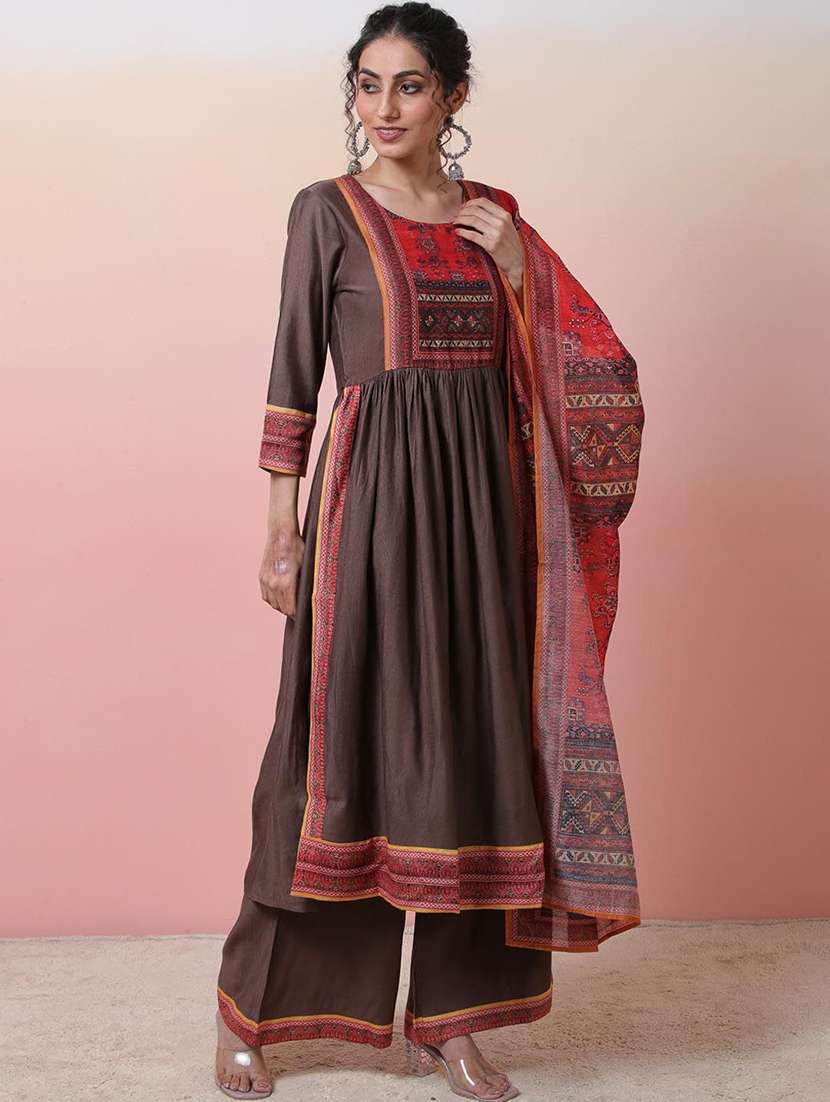 women printed three quarter sleeves kurta palazzo set with dupatta - 22578526 -  Standard Image - 2