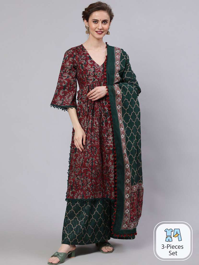 women printed three quarter sleeves kurta palazzo set with dupatta