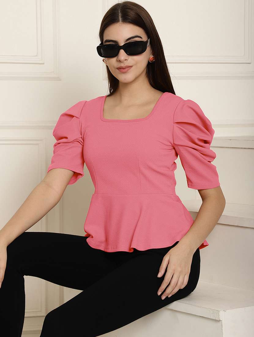 women solid puff sleeves peplum top